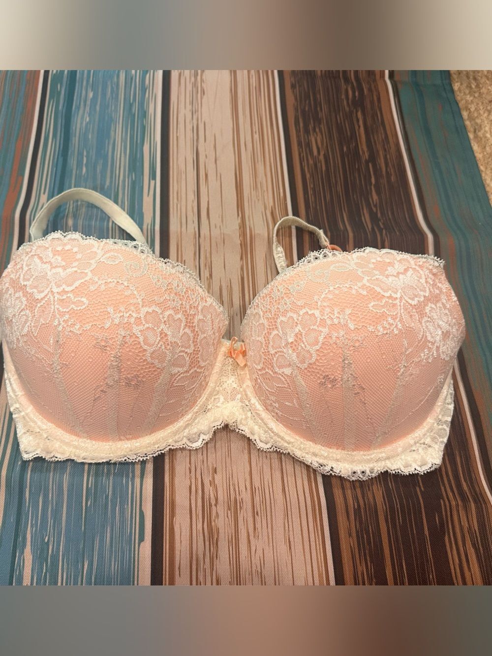 Candie's 34D Pink and Cream Lace Push-Up Bra with Bow Accent